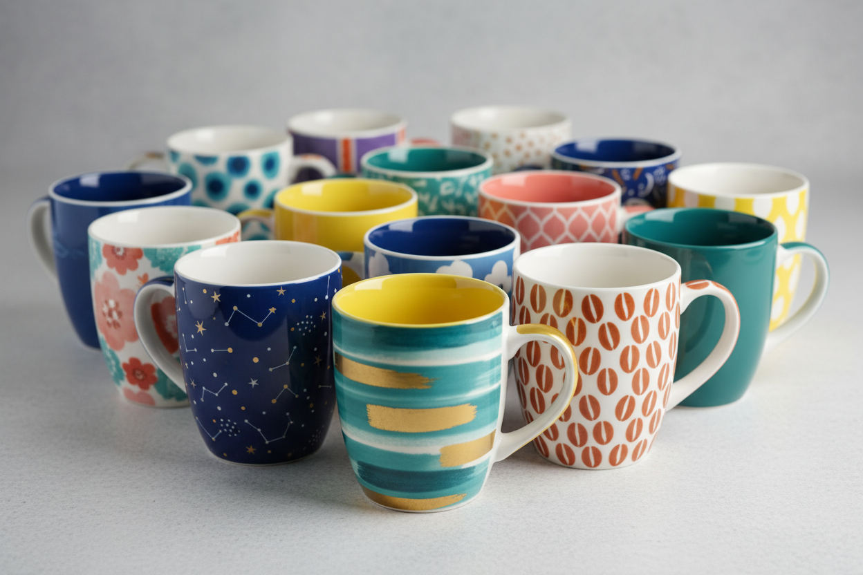 Multiple printed mugs background